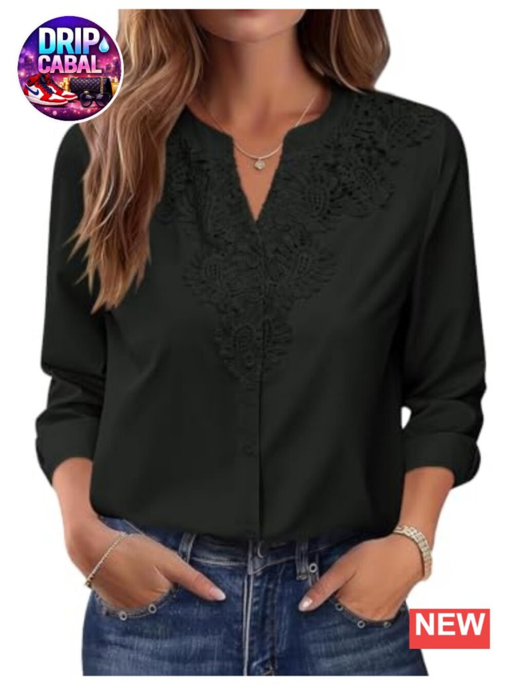 Womens Long Sleeve Lace Trim V Neck Button Down Blouse Business Casual